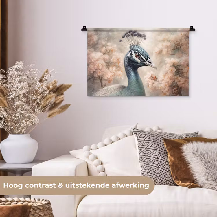 Pauw - Vogels - Bloemen - Boom - Botanisch Wandkleed katoen klein -sfeer1