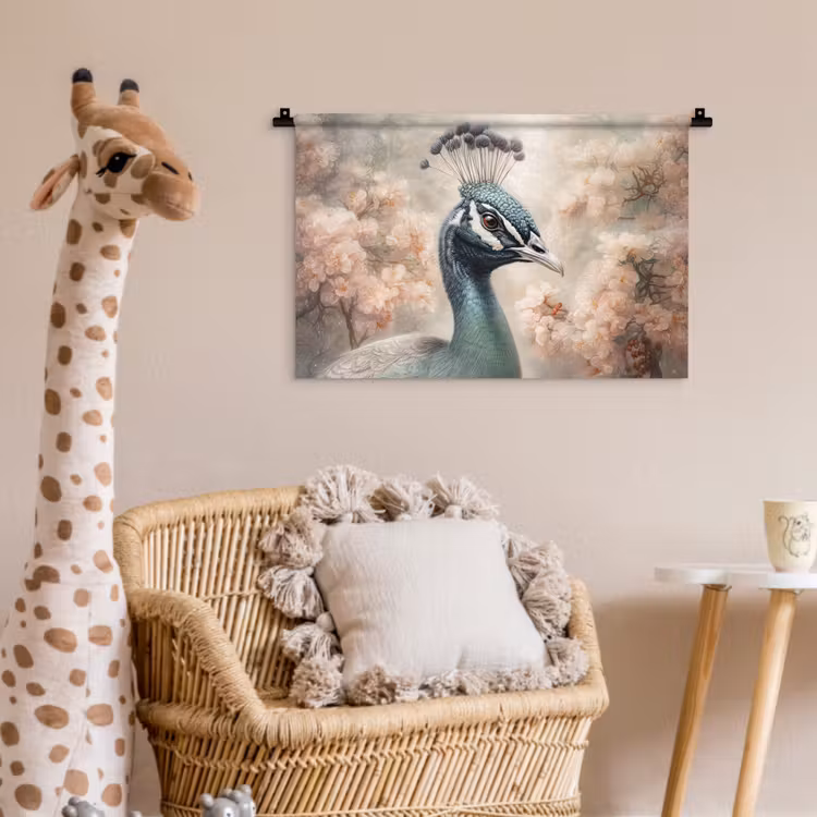 Pauw - Vogels - Bloemen - Boom - Botanisch Wandkleed katoen klein -wsfeer5_kind