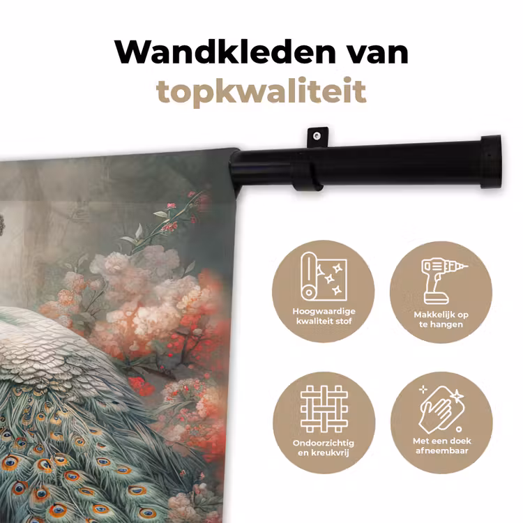 Pauwen - Pauwenveren - Vogels - Bloemen - Natuur Wandkleed katoen klein -sfeer2
