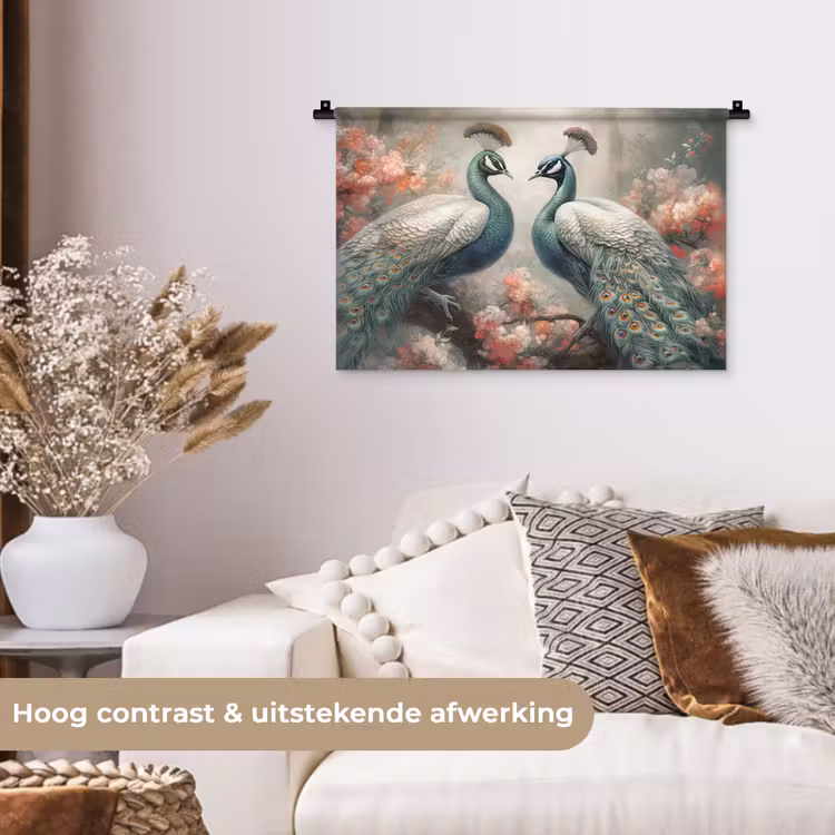 Pauwen - Pauwenveren - Vogels - Bloemen - Natuur Wandkleed katoen klein -sfeer1