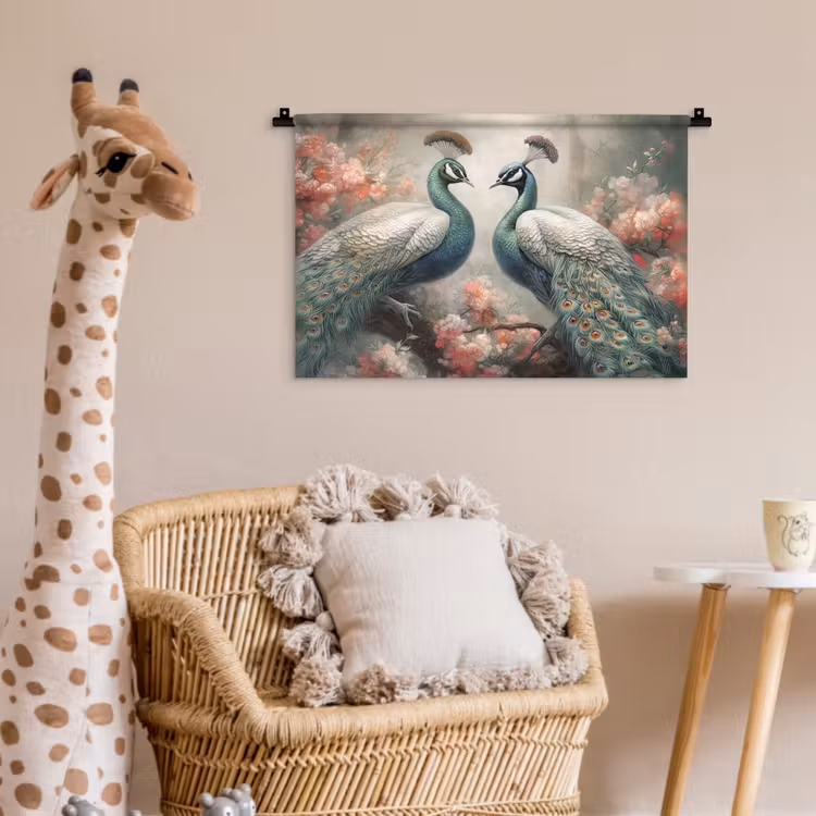 Pauwen - Pauwenveren - Vogels - Bloemen - Natuur Wandkleed katoen klein -wsfeer5_kind