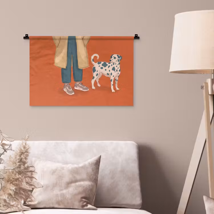 Persoon - Hond - Dieren - Illustratie - Modern Wandkleed katoen klein -sfeer4