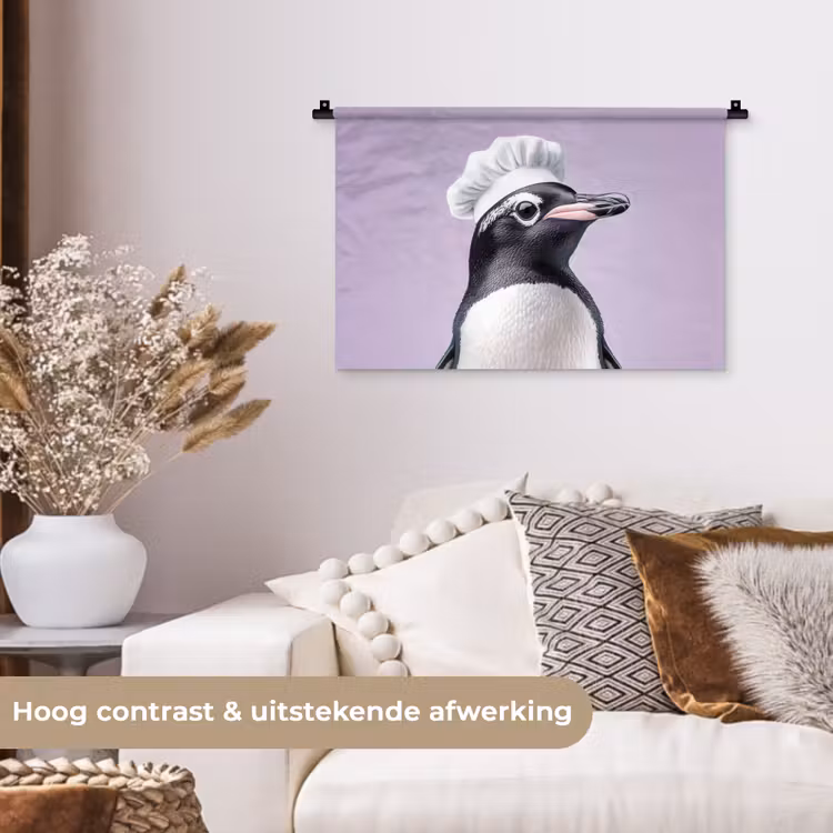 Pinguïn - Koksmuts - Lief - Paars Wandkleed katoen klein -sfeer1