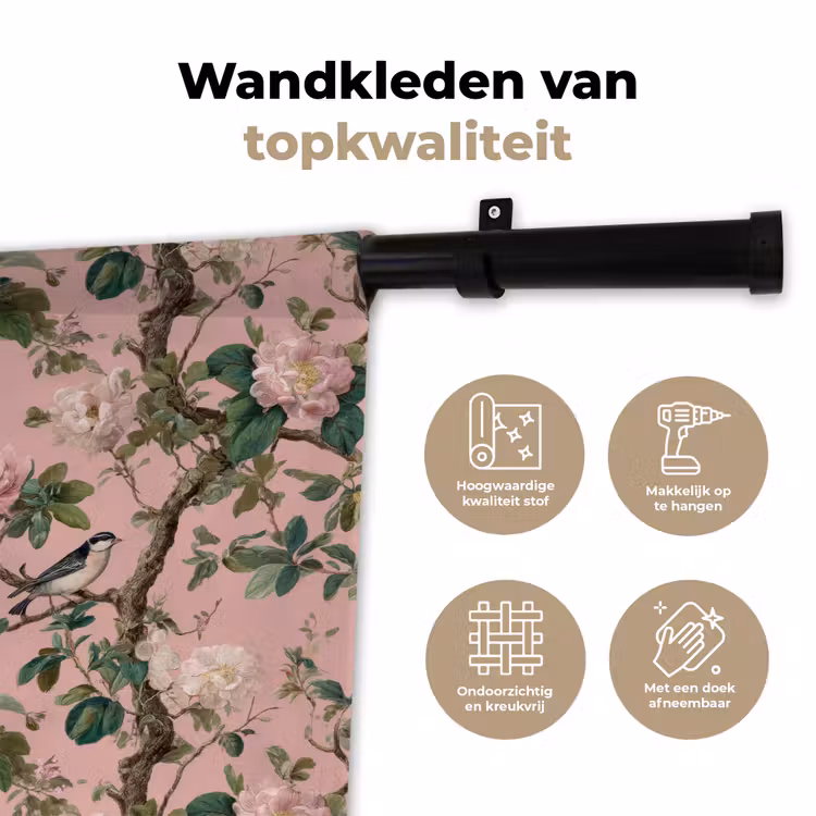 Pioenrozen - Botanisch - Vogel Wandkleed katoen klein 269 -sfeer2
