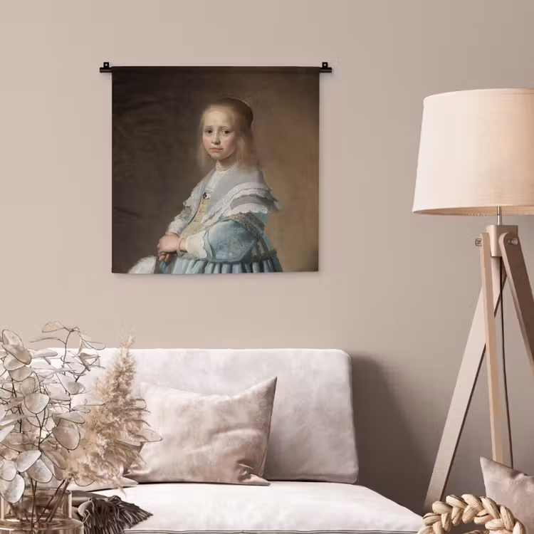 Portret van een meisje in het blauw - Schilderij van Johannes Cornelisz. Verspronck Wandkleed katoen klein -sfeer4