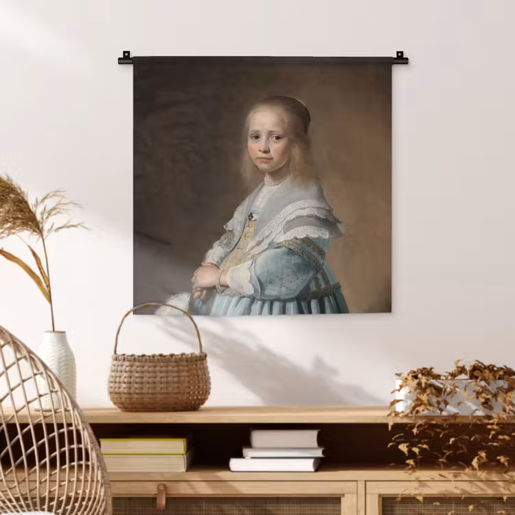 Portret van een meisje in het blauw - Schilderij van Johannes Cornelisz. Verspronck Wandkleed katoen klein -sfeer5