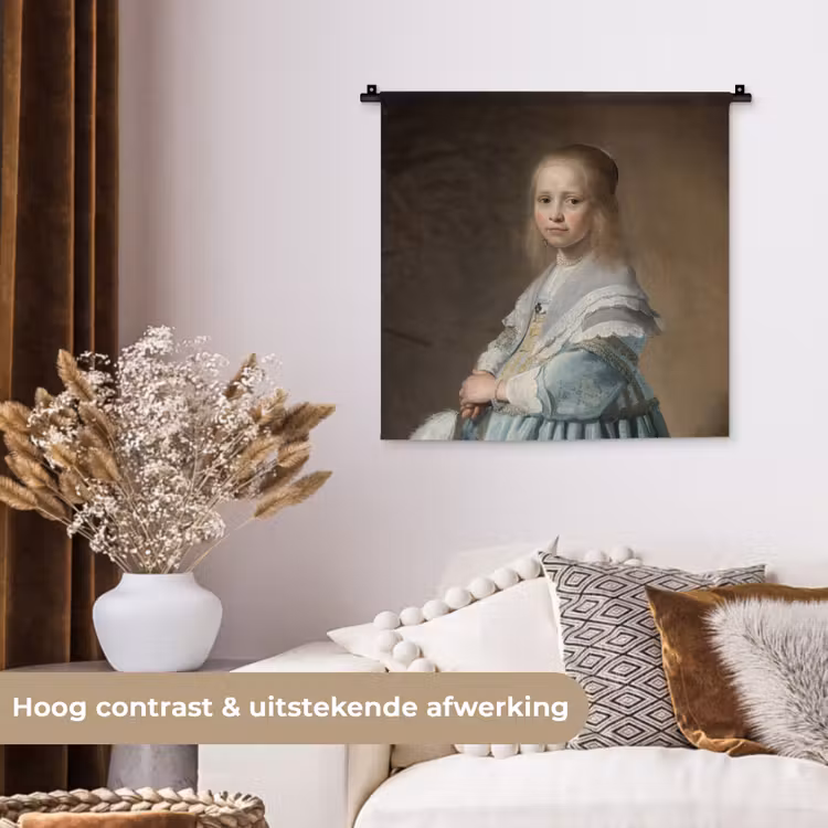 Portret van een meisje in het blauw - Schilderij van Johannes Cornelisz. Verspronck Wandkleed katoen klein -sfeer1