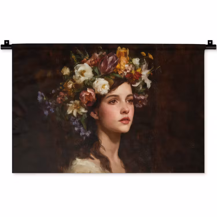 Portret - Vrouw - Bloemen Wandkleed katoen klein -zz3d