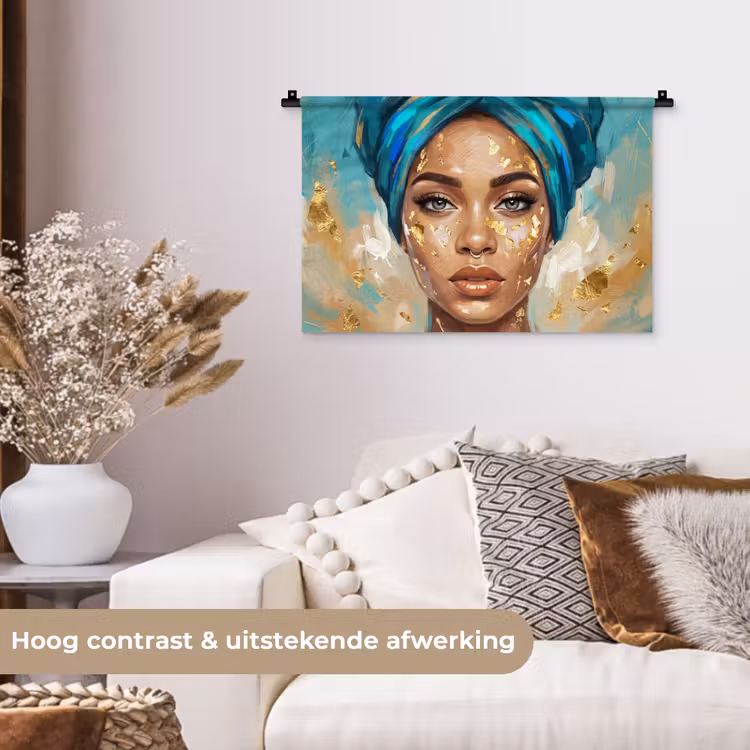 Portret - Vrouw - Schilderij - Blauw - Goud - Expressief Wandkleed katoen klein -sfeer1