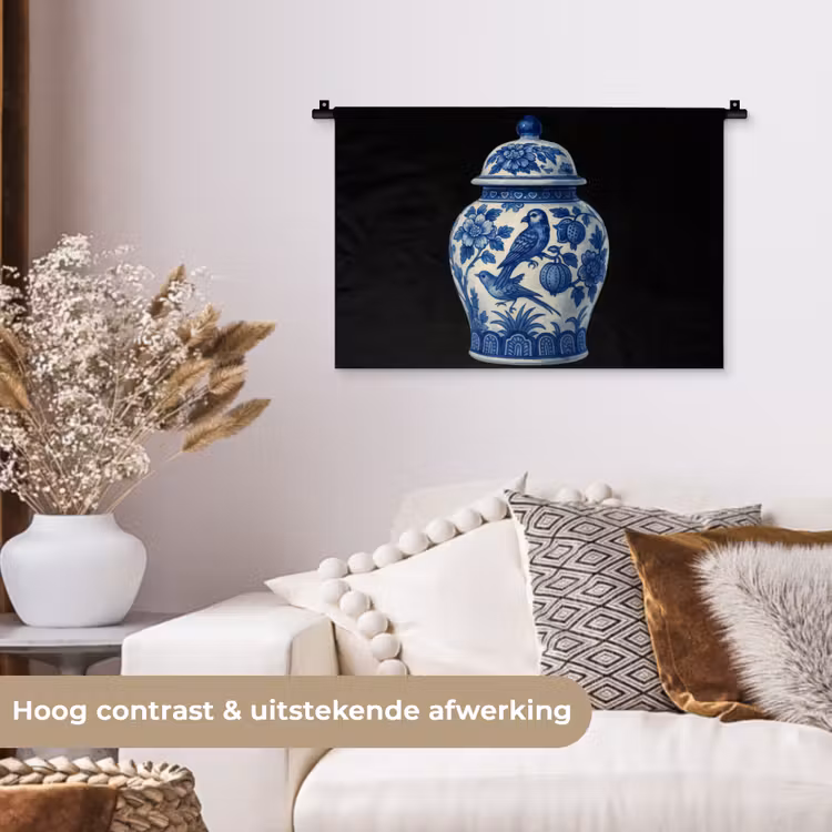 Pot - Delfts Blauw - Bloemen Wandkleed katoen klein -sfeer1