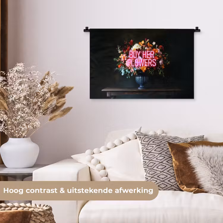 Quote - Bloemen - Vaas - Neon Wandkleed katoen klein -sfeer1