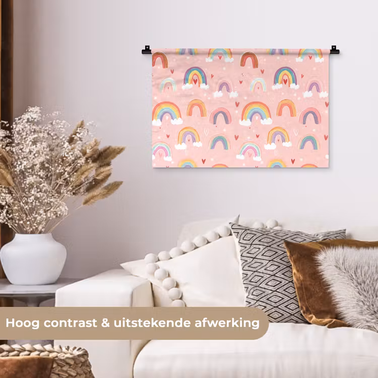 Regenboog - Patroon - Pastel - Handgetekend Wandkleed katoen klein -sfeer1