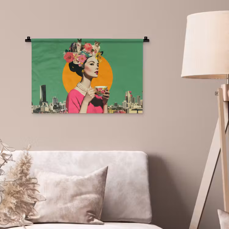 Retro - Vrouw - Stad - Zon Wandkleed katoen klein -sfeer4