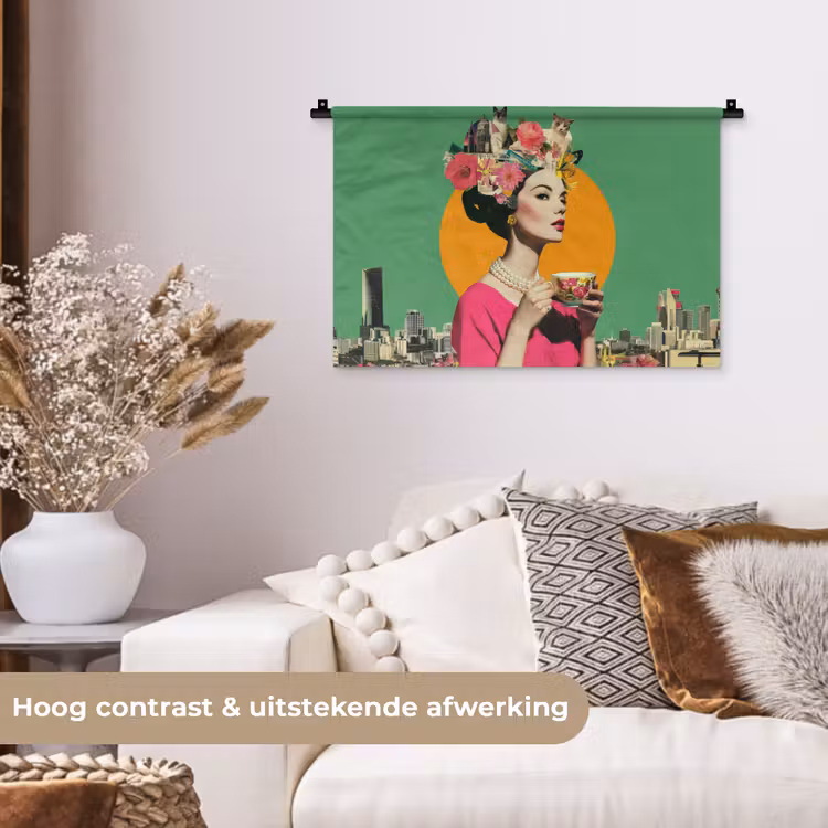 Retro - Vrouw - Stad - Zon Wandkleed katoen klein -sfeer1