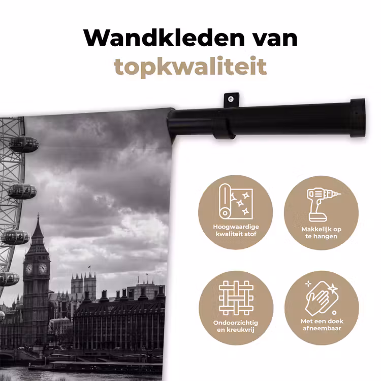 Reuzenrad - Klokkentoren - Architectuur - Zwart-wit - Stad Wandkleed katoen klein -sfeer2