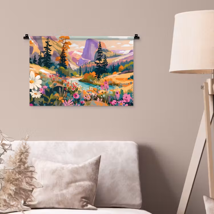 Rivier - Vallei vol bloemen - Levendig Wandkleed katoen klein -sfeer4