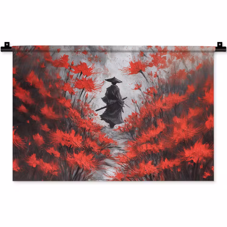 Rode bloemen - mistig - Man Wandkleed katoen klein -zz3d
