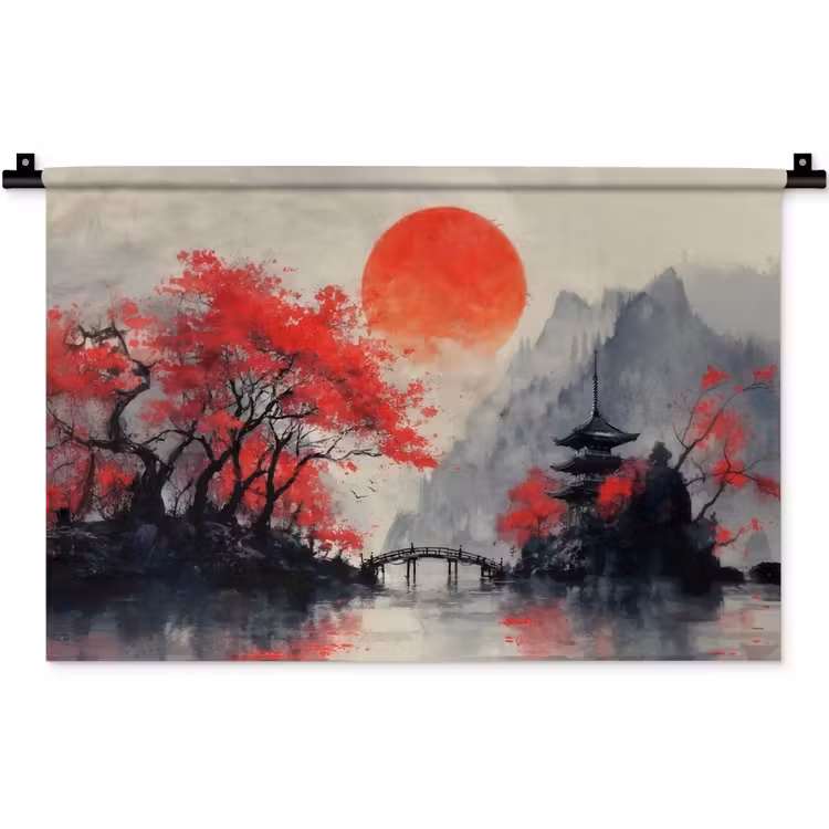 Rode zon - Rivier - brug - Bomen Wandkleed katoen klein -zz3d