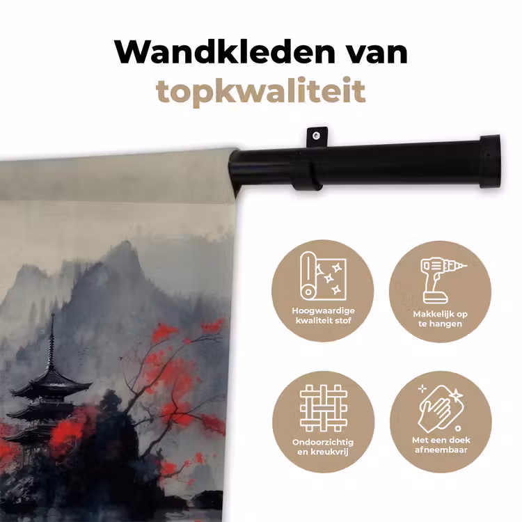 Rode zon - Rivier - brug - Bomen Wandkleed katoen klein -sfeer2
