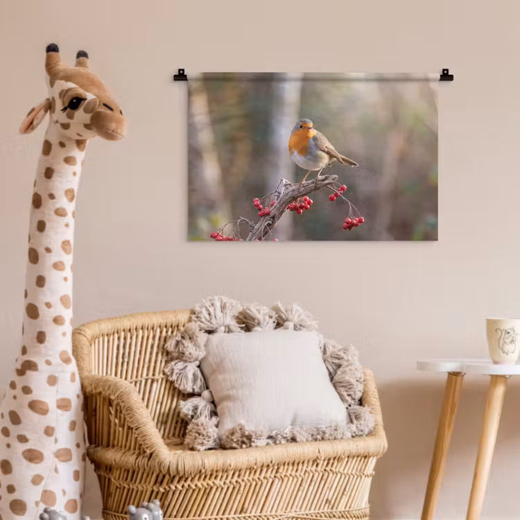 Roodborst - Tak - Bessen - Natuur Wandkleed katoen klein -wsfeer5_kind