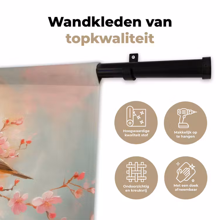 Roodborstjes - Sierlijk - Bloesemtak Wandkleed katoen klein -sfeer2