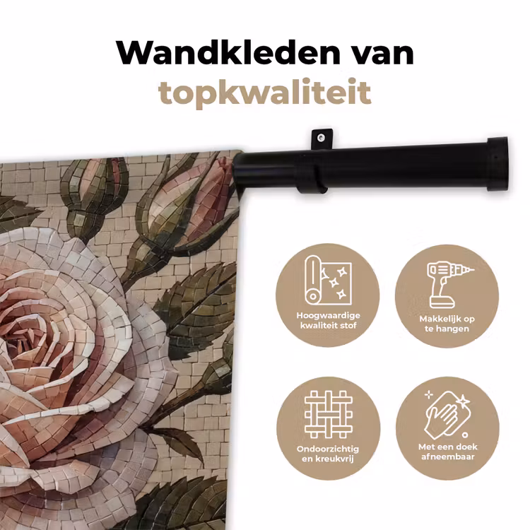 Roos - Mozaïek - Bloemen - Klassiek - Beige Wandkleed katoen klein -sfeer2