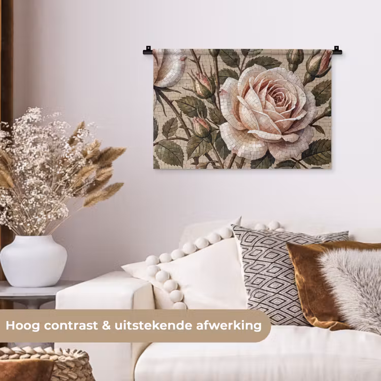 Roos - Mozaïek - Bloemen - Klassiek - Beige Wandkleed katoen klein -sfeer1