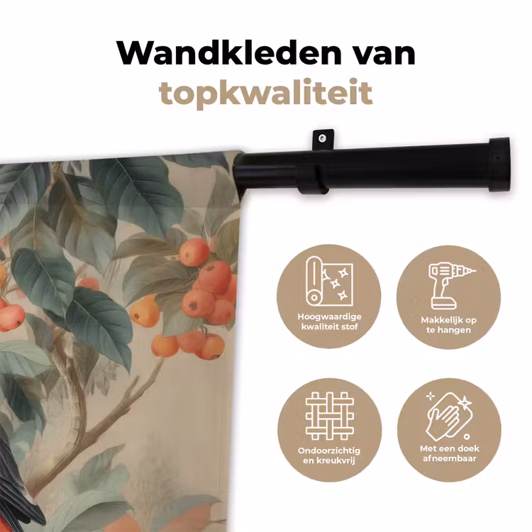 Roze kuifkaketoe - Tak met vruchten - Bladeren Wandkleed katoen klein -sfeer2