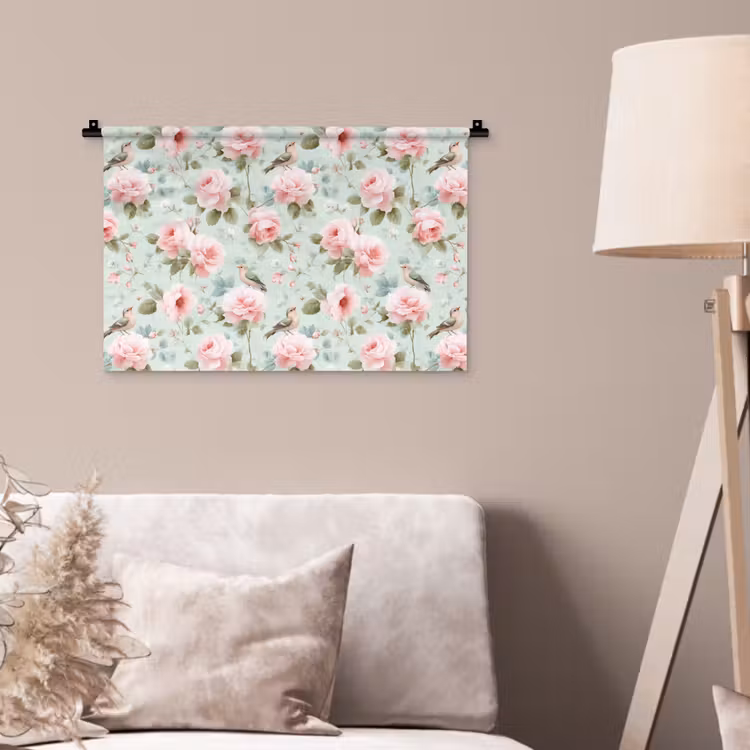 Rozen - Vogels - Pastel - Kleurrijk Wandkleed katoen klein 269 -sfeer4