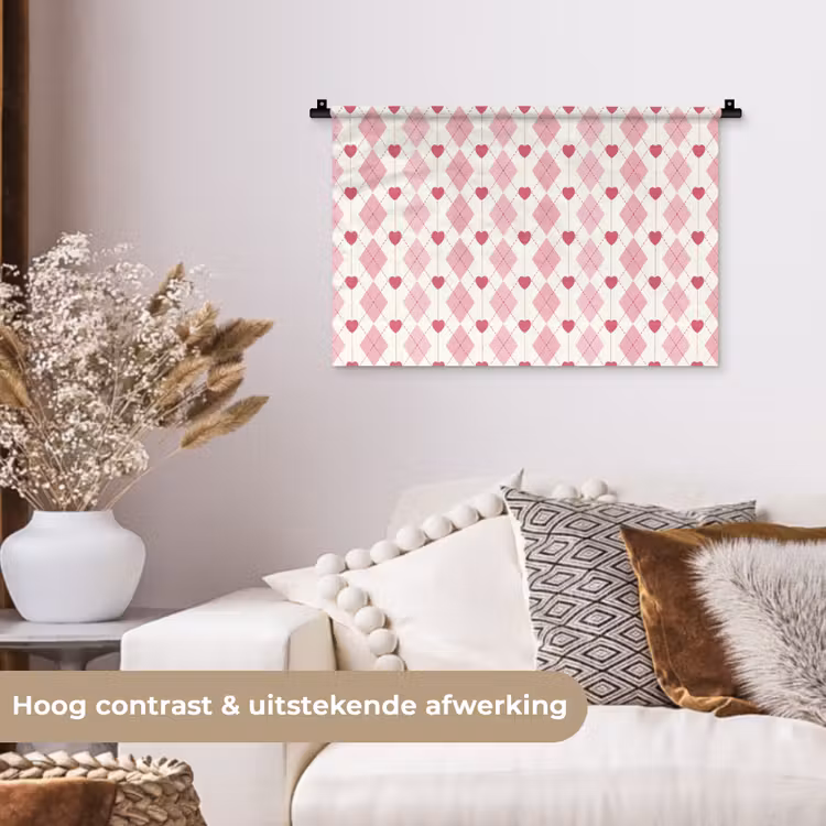 Ruiten - Klassiek - Roze - Wit Wandkleed katoen klein 269 -sfeer1