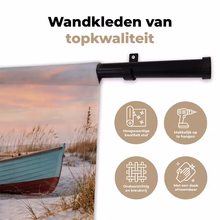 Rustiek - Roeiboot - Zandstrand Wandkleed katoen klein -sfeer2