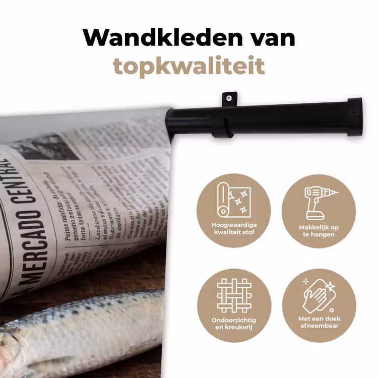 Wandkleed - Sardientje - krant - snijplank - Sardientje - krant - snijplank Wandkleed katoen klein
