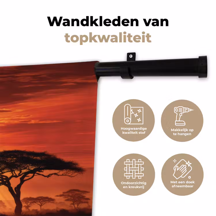 Savanne - Olifanten - Zonsondergang Wandkleed katoen klein -sfeer2