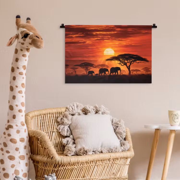 Savanne - Olifanten - Zonsondergang Wandkleed katoen klein -wsfeer5_kind