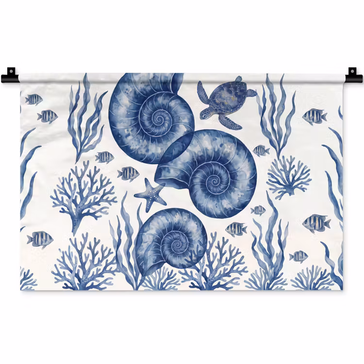 Schelp - Spiraal - Zeeleven - Aquarel - Blauw Wandkleed katoen klein -zz3d