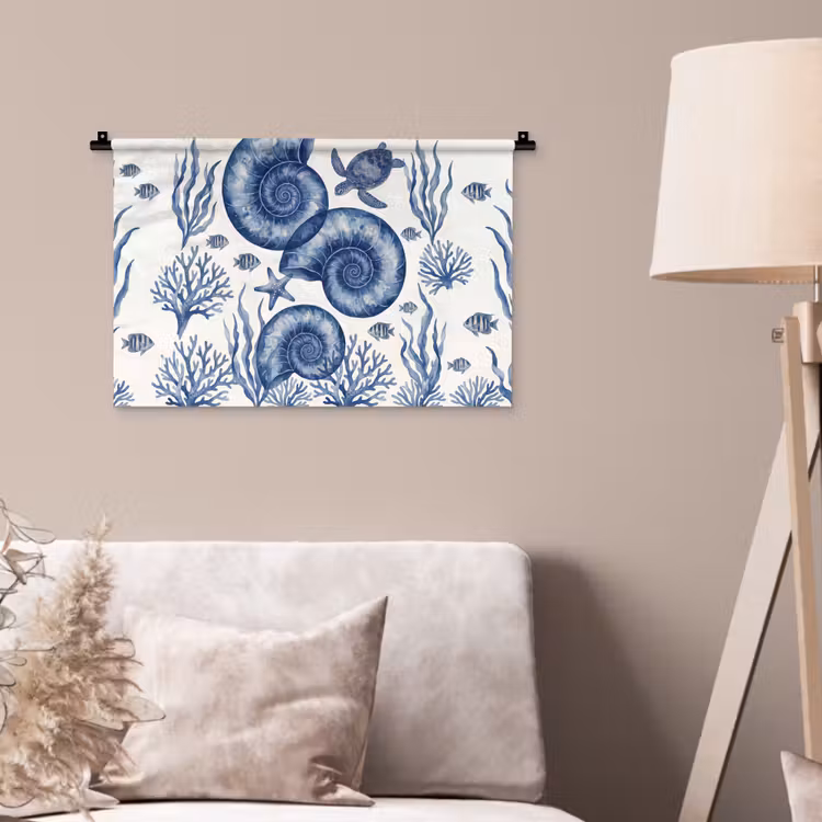 Schelp - Spiraal - Zeeleven - Aquarel - Blauw Wandkleed katoen klein -sfeer4