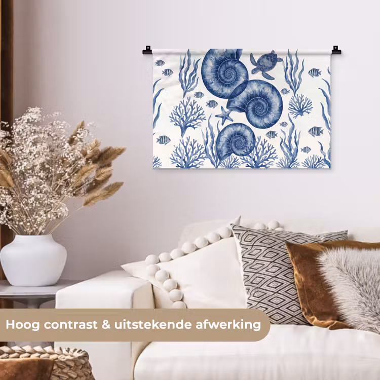 Schelp - Spiraal - Zeeleven - Aquarel - Blauw Wandkleed katoen klein -sfeer1