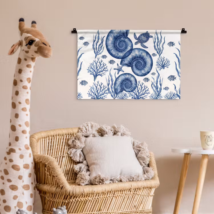 Schelp - Spiraal - Zeeleven - Aquarel - Blauw Wandkleed katoen klein -wsfeer5_kind