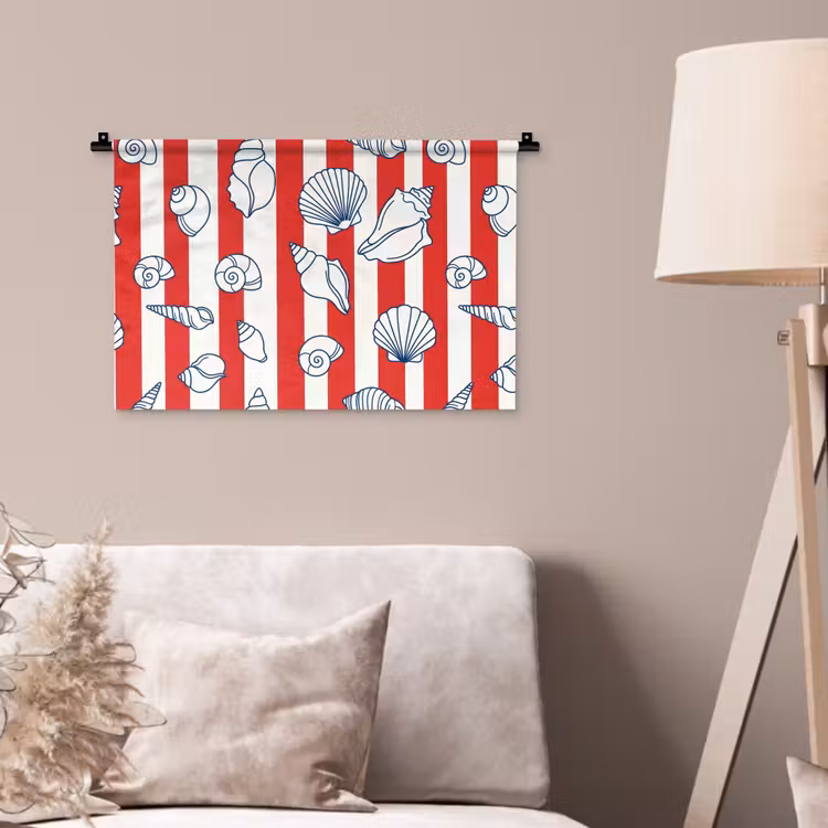 Schelp - Zeedieren - Zomer - Illustratie - Rood - Blauw Wandkleed katoen klein -sfeer4