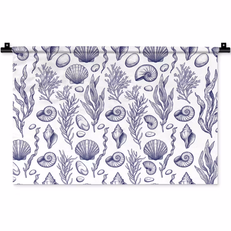 Schelpen - Zeewier - Oceaan - Illustratie - Blauw Wandkleed katoen klein -zz3d