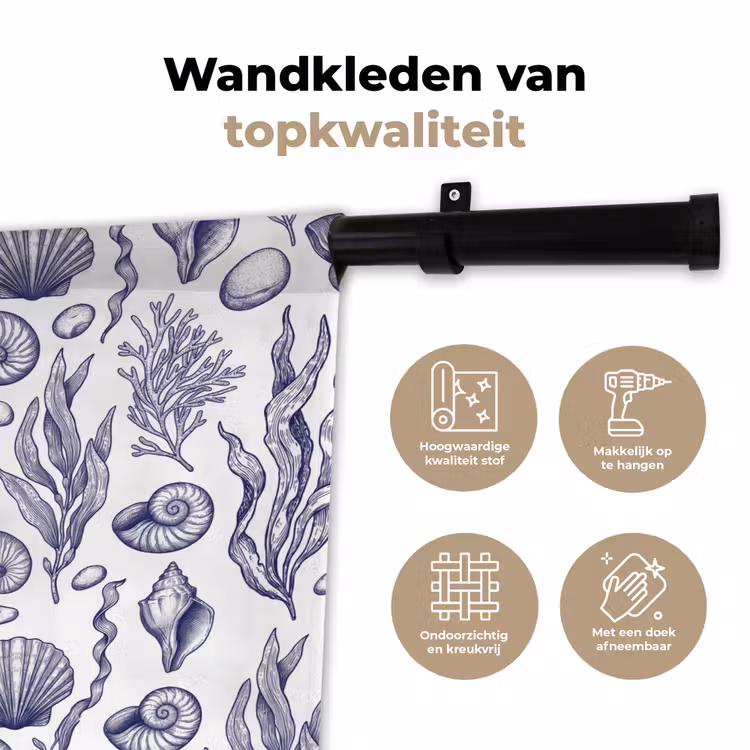 Schelpen - Zeewier - Oceaan - Illustratie - Blauw Wandkleed katoen klein -sfeer2