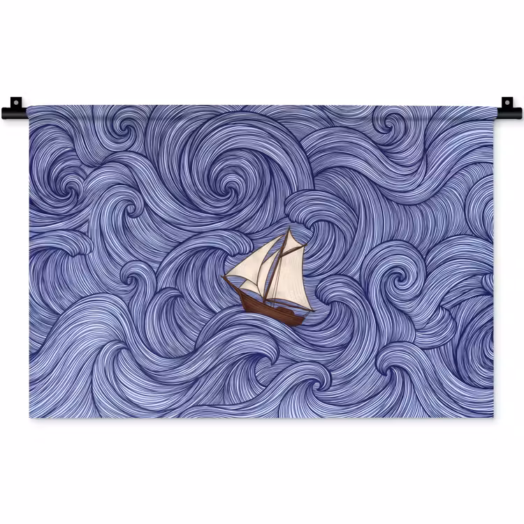 Schip - Golven - Zee - Illustratie - Blauw Wandkleed katoen klein -zz3d