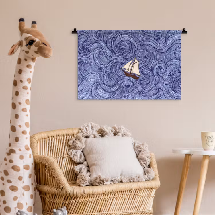 Schip - Golven - Zee - Illustratie - Blauw Wandkleed katoen klein -wsfeer5_kind