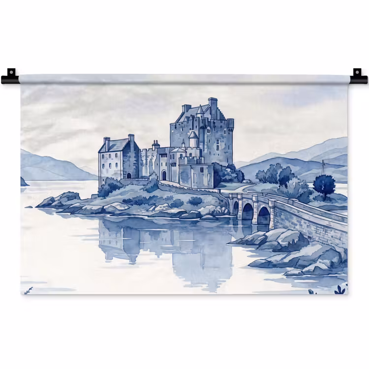 Schots - Kasteel - Blauw - Aquarel Wandkleed katoen klein -zz3d