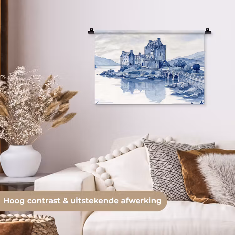 Schots - Kasteel - Blauw - Aquarel Wandkleed katoen klein -sfeer1