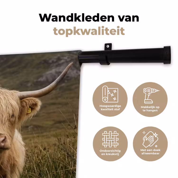 Schotse hooglander - Bergen - Grasveld Wandkleed katoen klein -sfeer2