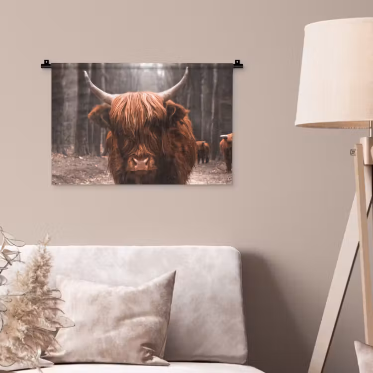 Schotse hooglander - Bos - Koe - Dieren - Natuur Wandkleed katoen klein -sfeer4