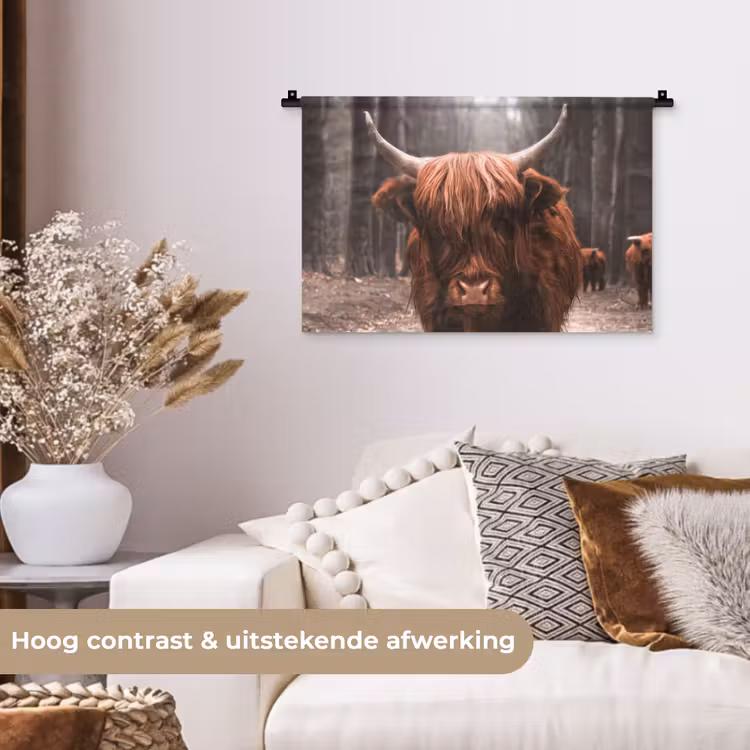 Schotse hooglander - Bos - Koe - Dieren - Natuur Wandkleed katoen klein -sfeer1