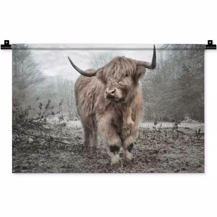 Schotse Hooglander - Bos - Mist - Koe - Dieren - Natuur Wandkleed katoen klein -zz3d