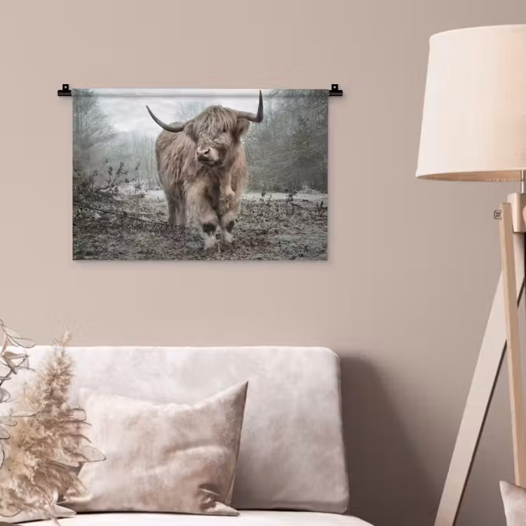 Schotse Hooglander - Bos - Mist - Koe - Dieren - Natuur Wandkleed katoen klein -sfeer4